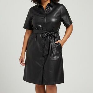 Black Faux Leather Shirt Dress